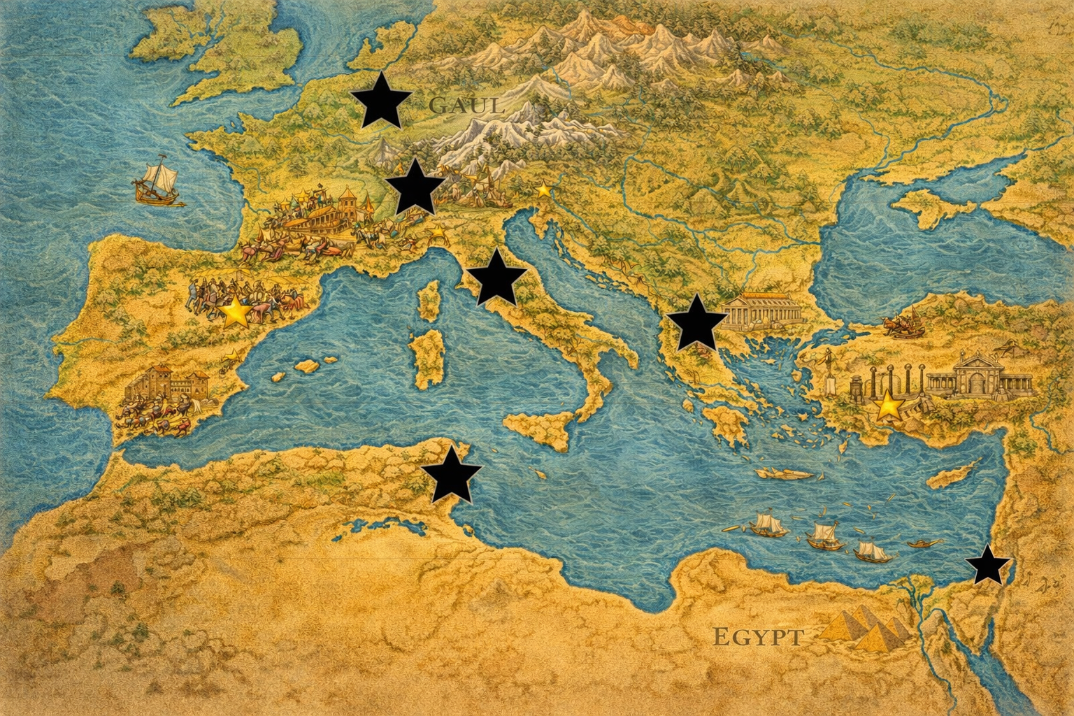 Map showing Rome and key places in Caesar's life